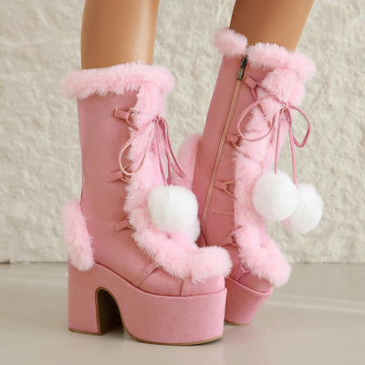 Women's Mid-Calf Chunky Heel Furry Boots – Suede Platform Winter Boots