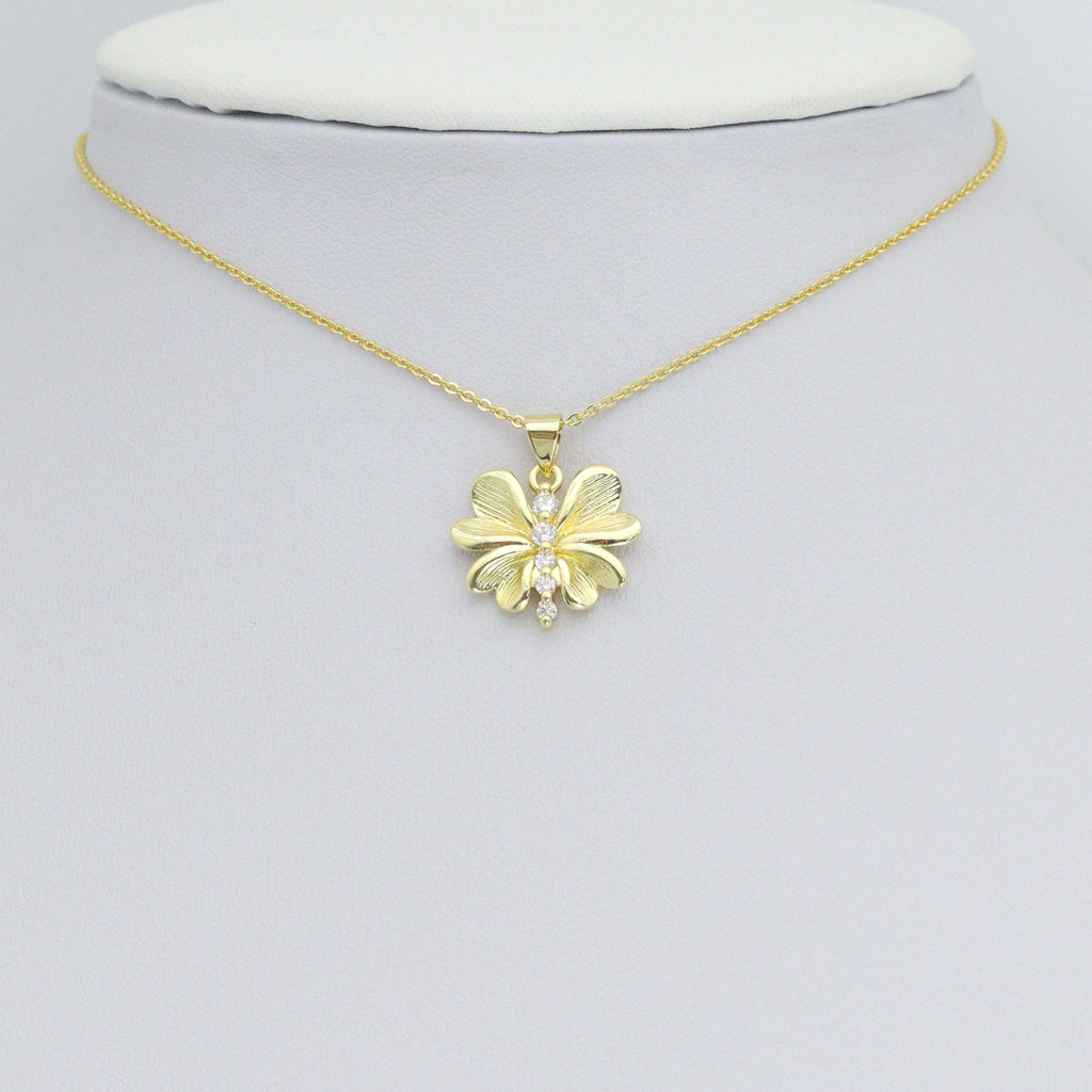CZ Gold Petal Flower Dragonfly Charm Pendant, Sku#LK1190