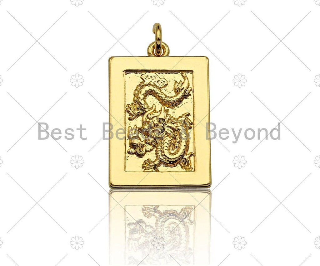 Shiny Gold Medallion Dragon Dog Tag Pendant, Dragon Rectangl