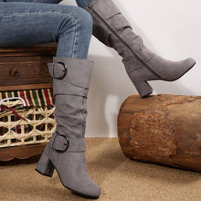 Load image into Gallery viewer, Women's Belt Buckle Chunky Heel Mid-Calf Boots | Suede Pointed Toe Fall Winter