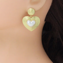 Load image into Gallery viewer, Gold Silver White Pearl On Heart Shape Statement Earrings, Sku#A467