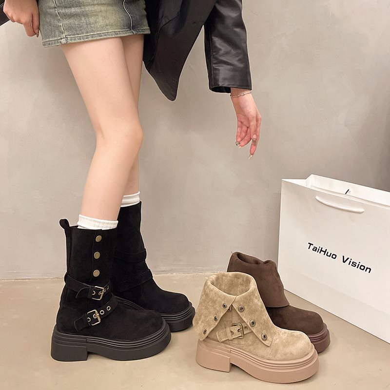 Women's Matte Suede Block Heel Boots – British Style Mid-Calf Slip-On with Thick Non-Slip Sole