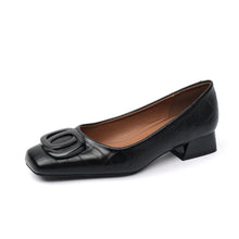 Load image into Gallery viewer, Womens Retro Square-Toe Sheepskin Leather Chunky Heel Pumps | Low Heel Slip-On Dress Shoes