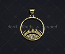 Load image into Gallery viewer, 18k Dainty Gold Evil Eye With Long Eyelash On Round Ring Shape Charms, Dainty Charms,Round Ring Necklace Charms, 18x20mm, Sku#LK173