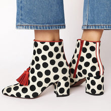 Load image into Gallery viewer, Women's Polka-Dot Fringe Boots | Side-Zip Square-Toe Chunky Heel | Synthetic Leather