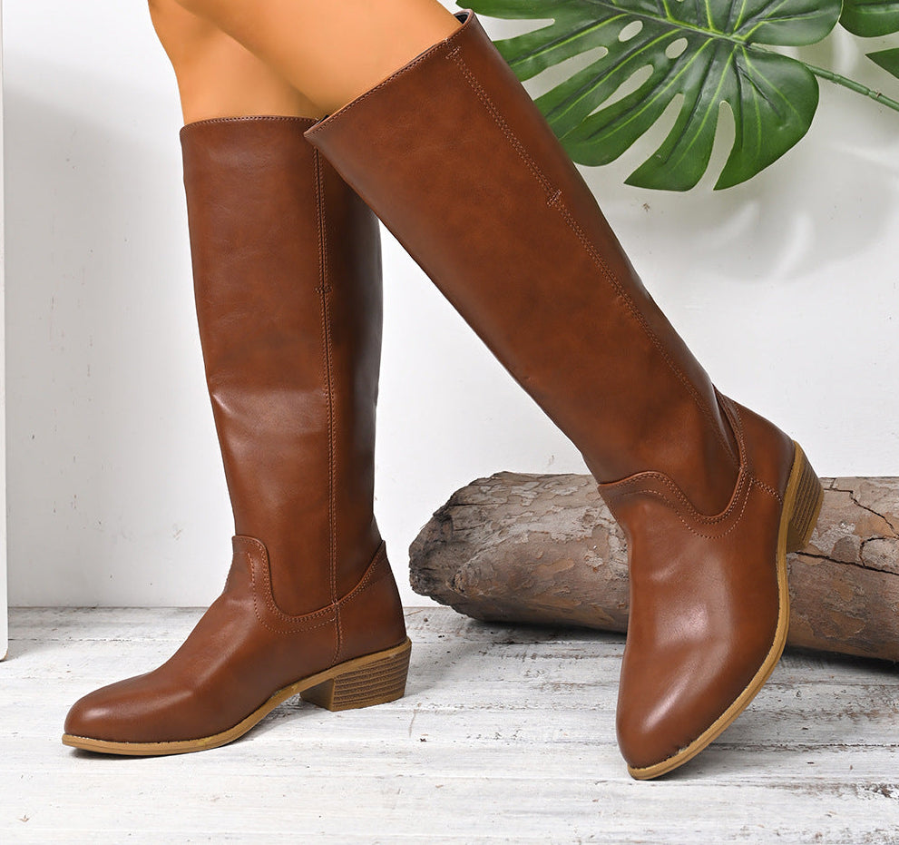 Women's British-Style Knee-High Boots – Chunky Heel Slip-On | Black, Yellow, Brown