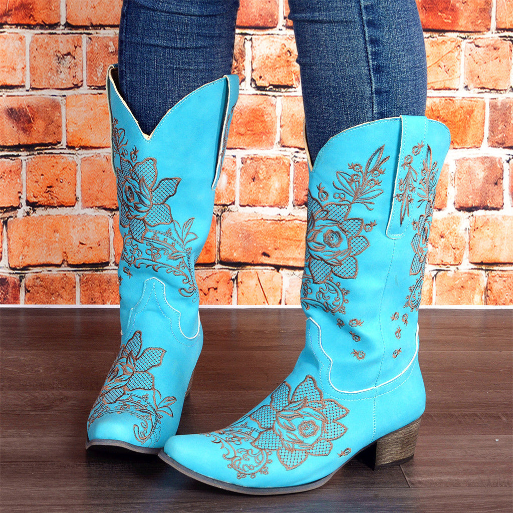Women's Embroidered Ethnic Mid-Calf Boots - Comfortable Chunky Heel Square Toe