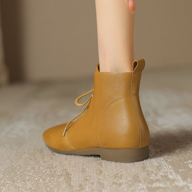 Women's Vintage Round Toe Ankle Boots - Genuine Leather Slip-On Chunky Heel Winter Boots