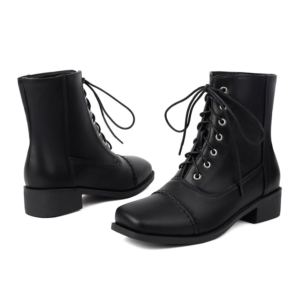 Women's Lace-Up Square-Toe Motorcycle Boots | Low Heel Outdoor Ankle Boots