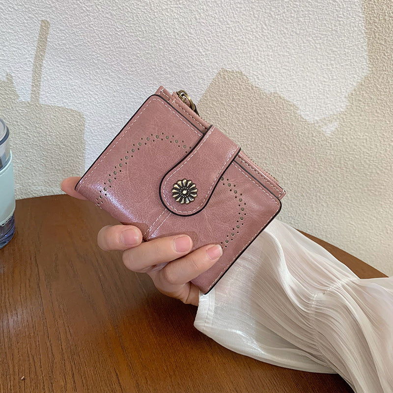 Women's Vintage Oil Leather Wallet - Floral Embossed Short Bifold with RFID Protection