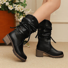 Load image into Gallery viewer, Women's Knitted Strap Mid-Calf Boots With Chunky Heels | Black &amp; White