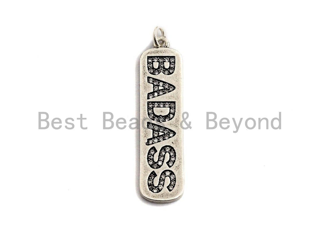 CZ Micro Pave Long Bar With Letter Pendant, Antique Silver Tone, Clear Cz Big Pave Bar Charm Pendant, 10x39mm,sku#F1013C
