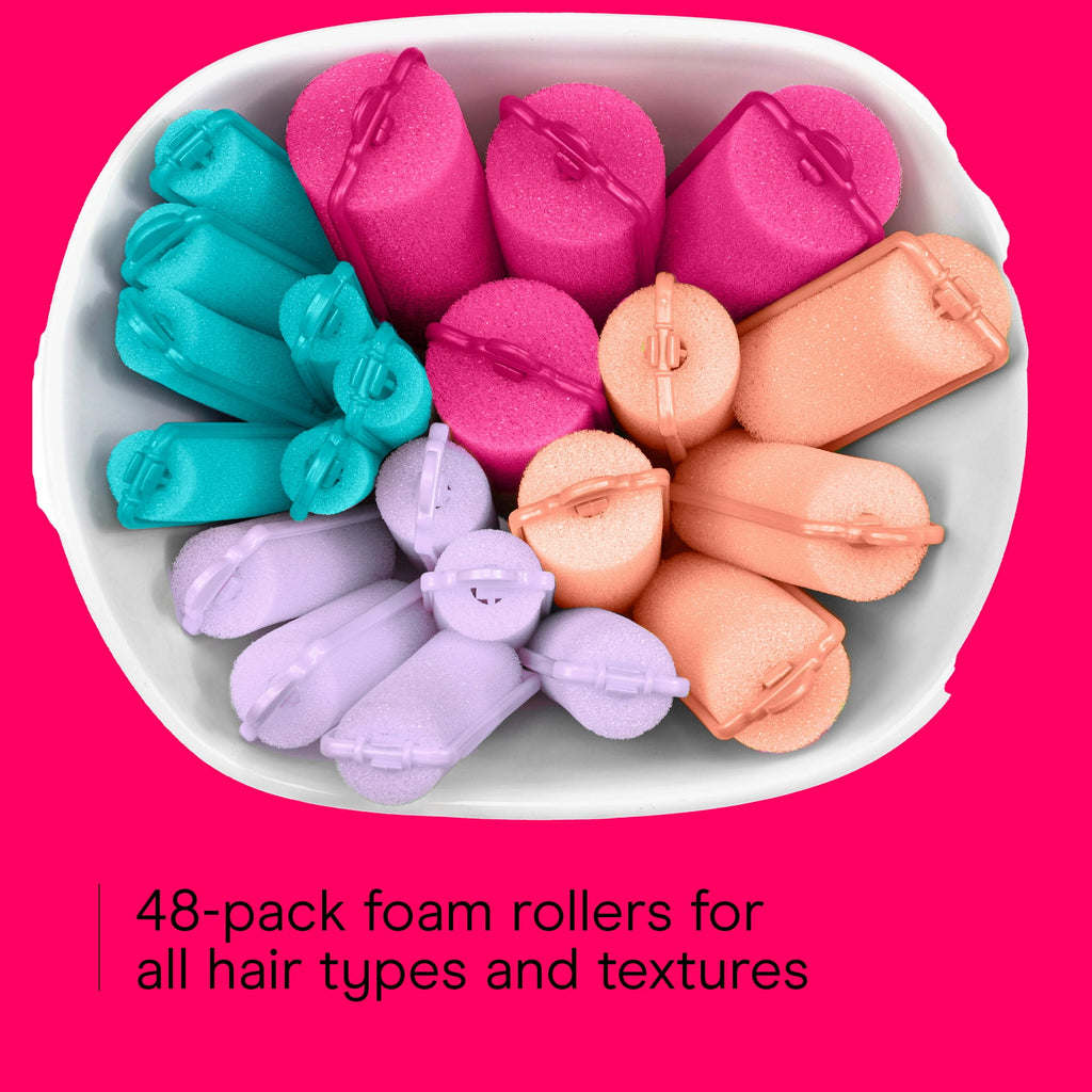 Conair Foam Self-Fastening Rollers, Assorted Sizes, Zipper Case, Neon Colors, 48 Count
