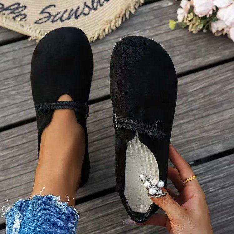 Women's Round Toe Flats - Sweet Suede Slip-On Dress Shoes with Floral Detail