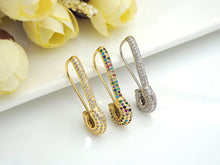 Load image into Gallery viewer, CZ Pave Safety Pin Dangle Earrings, X150