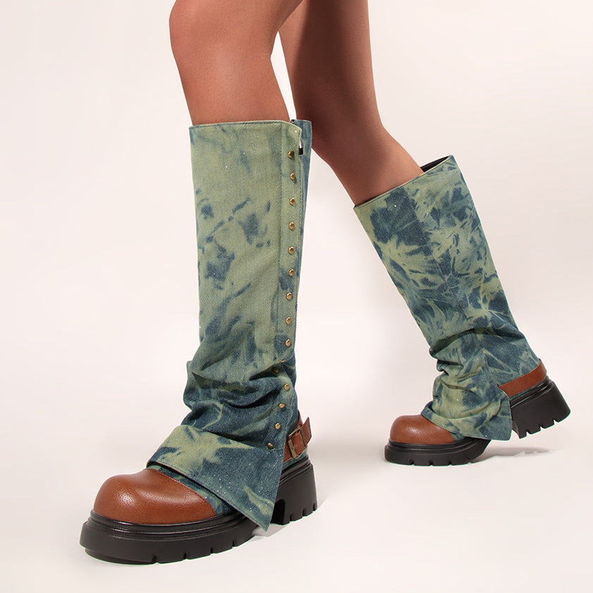 Women's Round Toe Studded Chunky Platform Boots | Low-Top Slip-On | Dark Blue, Purple, Green