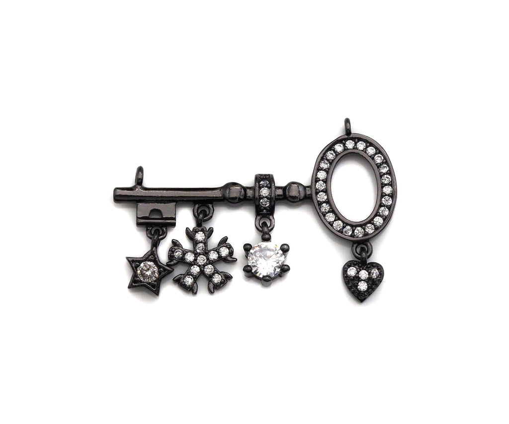 CZ Pave Star Flower Heart On Key Shape Charm, Sku#L290