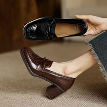 Load image into Gallery viewer, Women's Bow-Tie Chunky Heel Leather Pumps – Round Toe Mid-Cut Block Heel Shoes