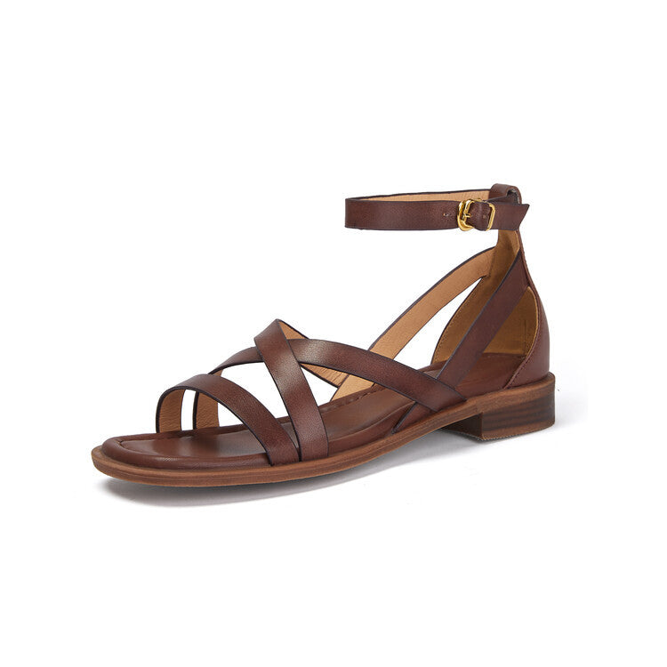 Women's Retro Cross-Strap Flat Sandals - Genuine Leather Open Toe Ankle Buckle Shoes