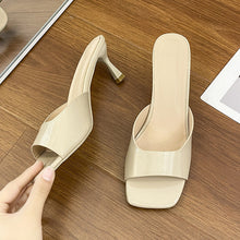Load image into Gallery viewer, Women's Square Toe Low Heel Slippers – Open Toe Patent Leather Slide Sandals