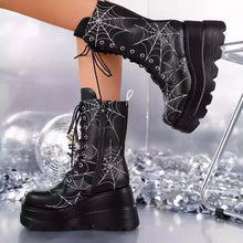 Load image into Gallery viewer, Women's Wedge-Heel Spiderweb Mid-Calf Boots | Plus Size | PU Leather | Side Zipper