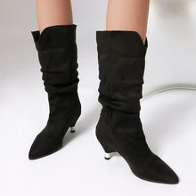 Load image into Gallery viewer, Women's Leopard Print Stiletto Heel Ankle Boots – Pointed Toe, Suede Upper, Turned-Over Cuffs