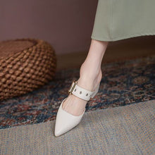 Load image into Gallery viewer, Women's Korean-Style Pointed Toe Chunky Heel Slippers | Microfiber Leather Slip-On Shoes