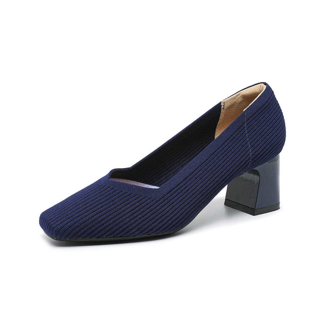 Women's Chunky Heel Square Toe Slip-On High Heels | Flyknit Upper | Multiple Colors