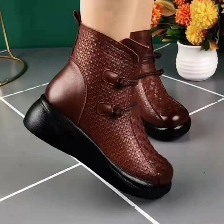 Women's Fleece-Lined Mid-Calf Wedge Boots - Round Toe Side Zipper Winter Boots