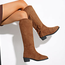 Load image into Gallery viewer, Suede Over-the-Knee Tassel Boots – Women's Brown Chunky Heel Slip-On