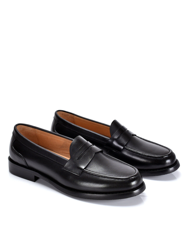 Men's British-Style Vintage Slip-On Loafers – Genuine Cowhide Leather, Round Toe, Low Wedge Heel
