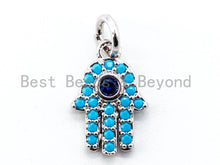 Load image into Gallery viewer, CZ Micro Pave Blue Hamsa Hand Evil Eye Pendant/Charm, Turquoise Cubic Zirconia Pave Bracelet Charms,9x13mm, sku#F339