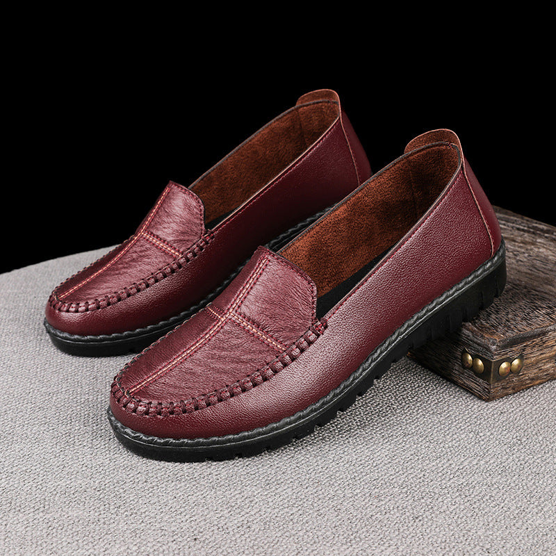 Women's Slip-On Leather Flats - Comfortable Round Toe Wedge Heel Casual Shoes