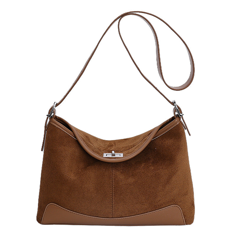 Women's Suede Bucket Crossbody Bag – Lock-Clasp Shoulder Bag with Double Straps