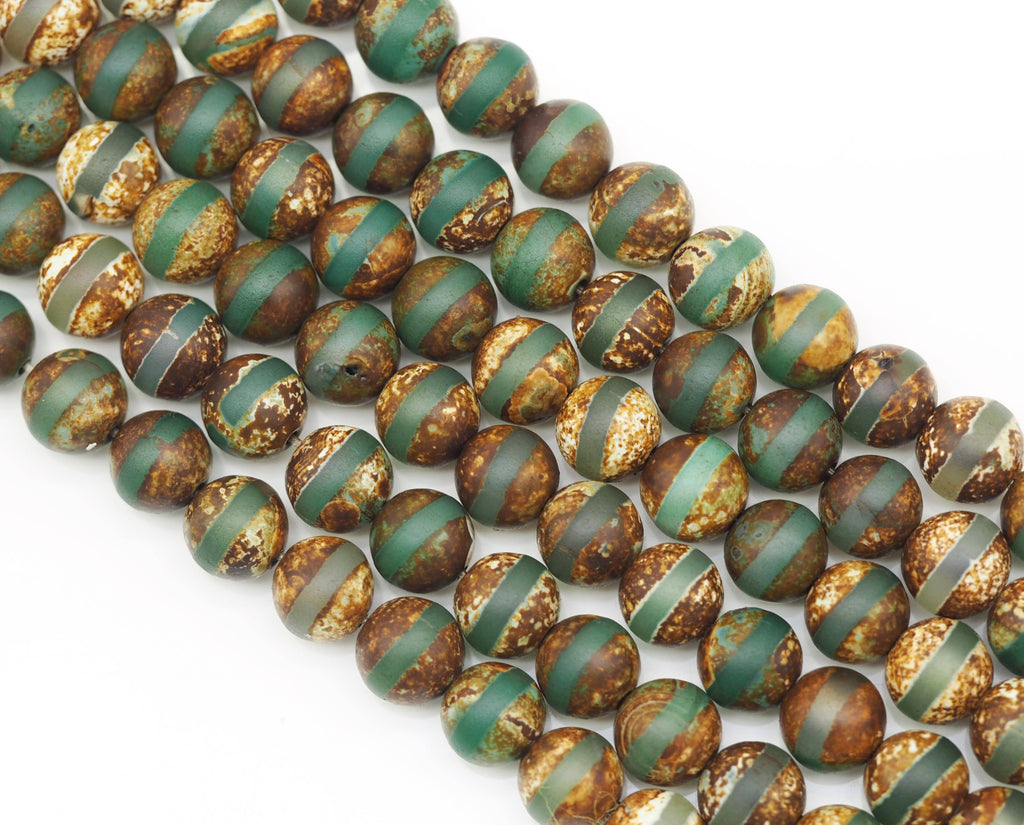 One Line Green Tibetan Agate 10mm Round Smooth Beads, Sku#U1317