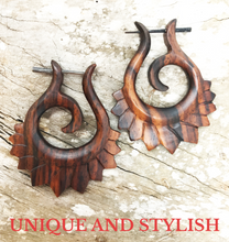 Load image into Gallery viewer, Tribal Spiral Wooden Earrings Hawaiian Boho Natural Wood Statement Jewelry