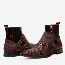Load image into Gallery viewer, The Orion Burgundy Snakeskin Pattern Leather Double Monk Strap Men Boot