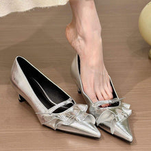 Load image into Gallery viewer, Women's French-Style Stiletto Heels with Ruffled Hem &amp; Bow Tie - Open Toe Low Heel Loafers