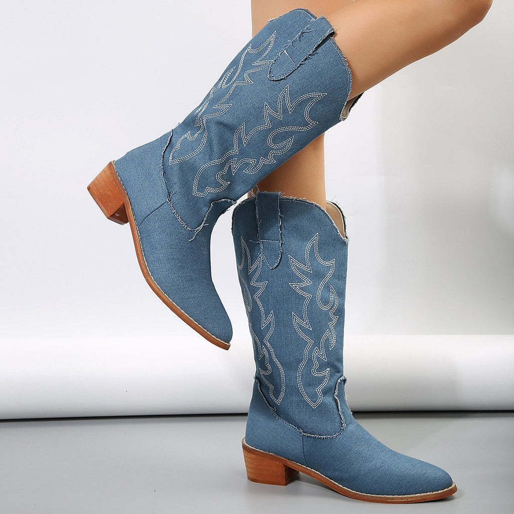 Women's Plus-Size Mid-Calf Western Boots – Blue Denim Embroidery Square Heel