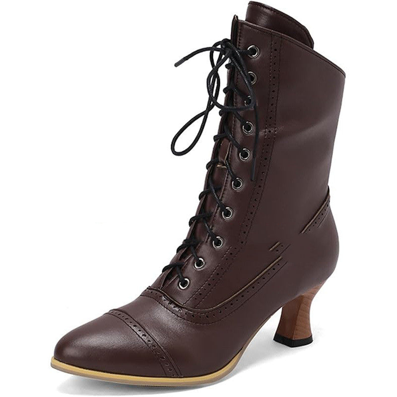 Women's Vintage Renaissance Lace-Up Ankle Boots - Low Heel Booties with Side Zipper