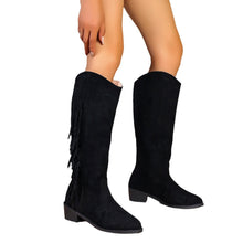 Load image into Gallery viewer, Women's Pointed-Toe Low-Heel Suede Long Boots – Slip-On Tassel Ankle Boots