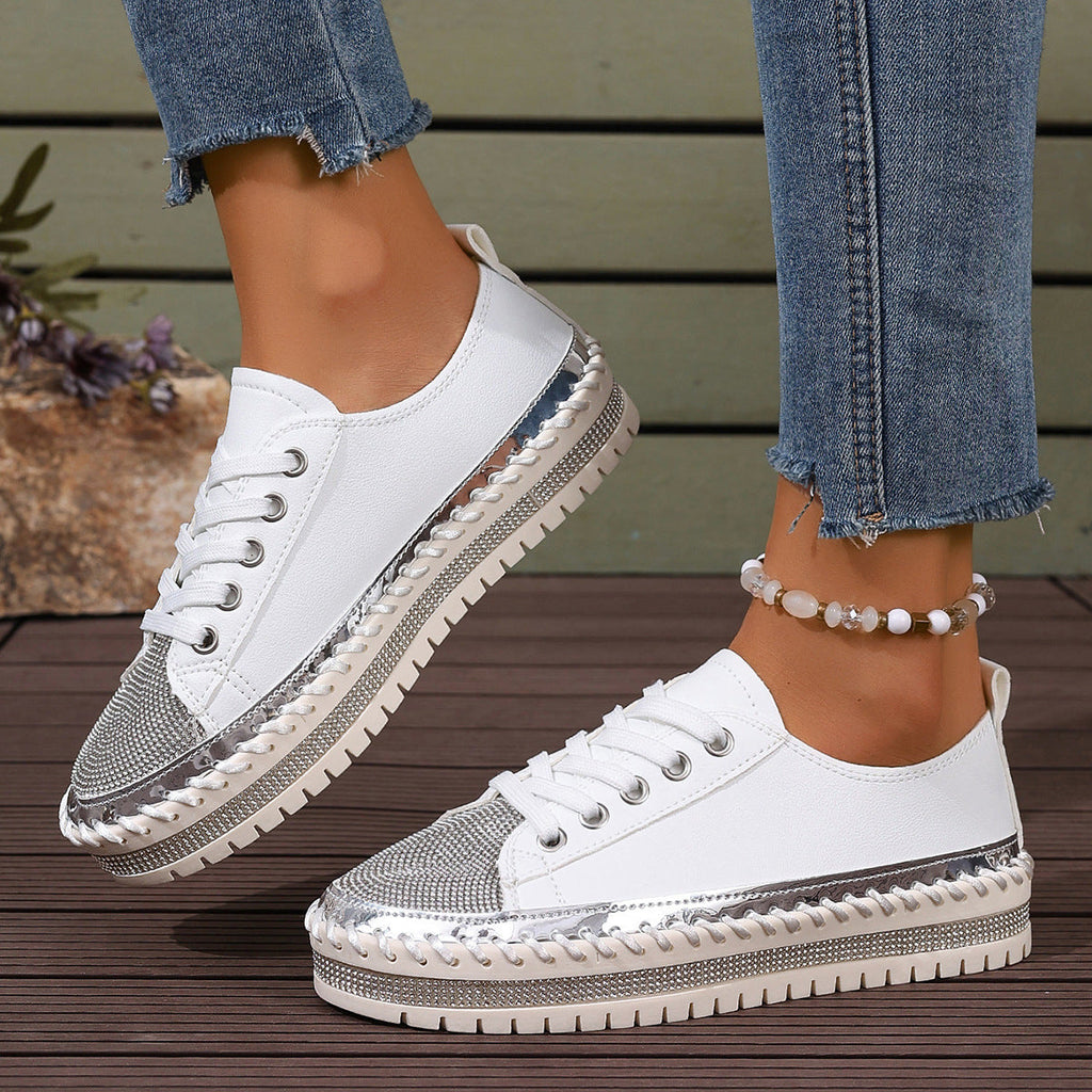Women's Plus-Size Chunky Sole Sequin Sneakers | Lace-Up Low-Top | Gold Silver Black White