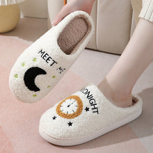 Load image into Gallery viewer, Women's Moon &amp; Clock Print Plush Slippers | Warm Anti-Slip Floor Bedroom House Shoes