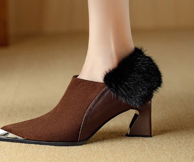Women's Retro Pointed-Toe Chunky Heel Suede Boots with Side Zipper | Black & Brown