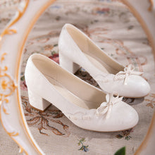 Load image into Gallery viewer, Women's Satin Bow Block Heel Pumps | Ivory Jacquard Slip-On Heels