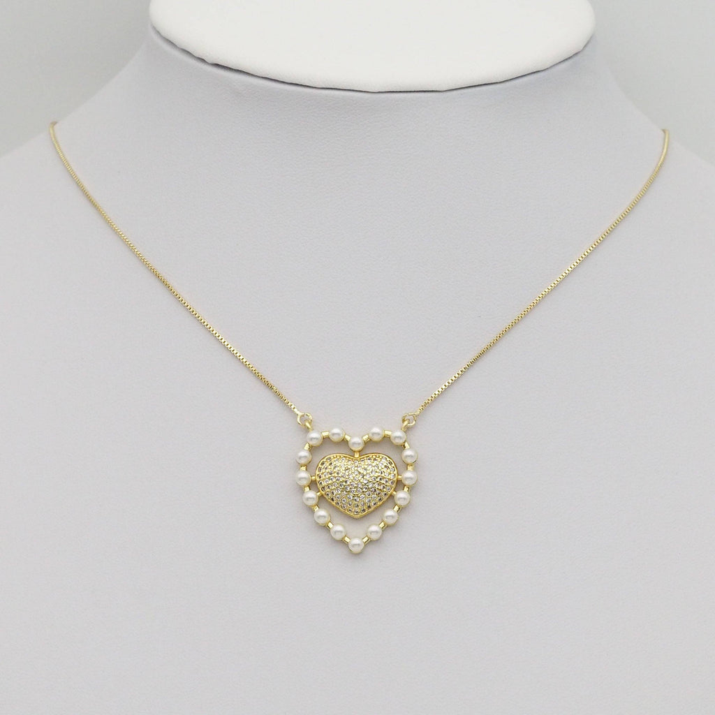 Gold CZ Pearl Edge Heart Pendant, Sku#LK883