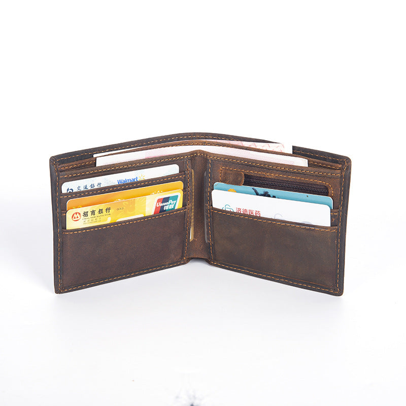 Genuine First-Layer Cowhide Leather Wallet for Men – Slim Horizontal Bifold with Silver Hardware