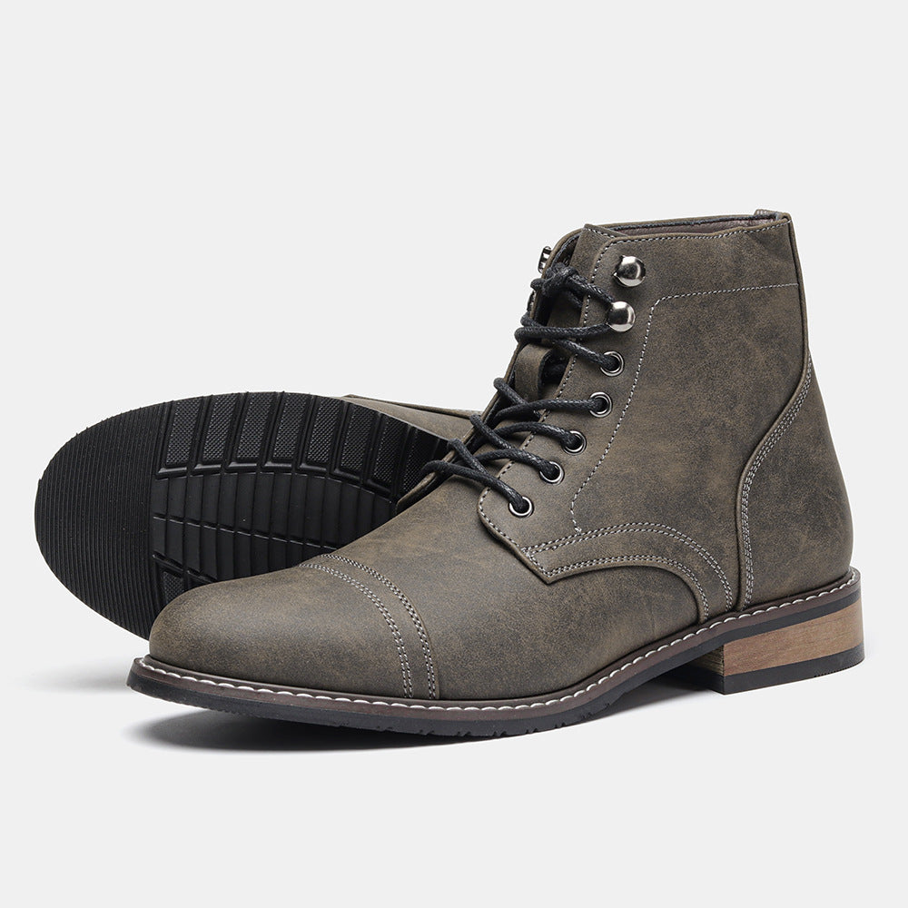 Men's Vintage Casual Leather Boots – Mid-Calf Wedge Heel, Rubber Sole, Stitched Paneling