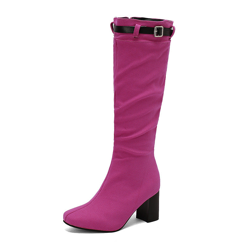Chunky-Heeled Over-the-Knee Boots with Color-Block Leather Belt Buckle - Women's High Fashion Boots