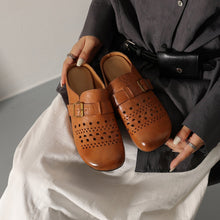 Load image into Gallery viewer, Women's Perforated Cowhide Buckle Mules | Round Toe Flat Backless Slides
